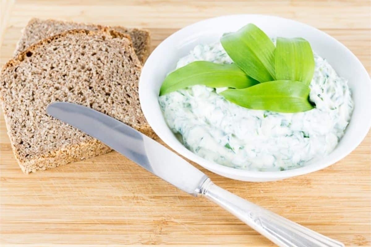 Wild garlic cream cheese spread and two slices of bread