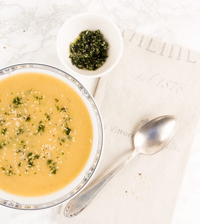 Cream of Cauliflower Soup with Parsley Hemp Seed Pesto