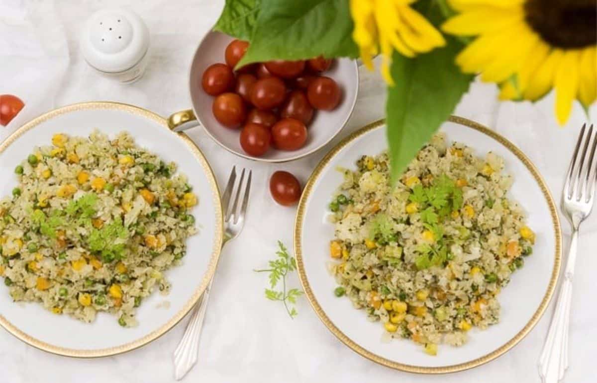 Fried Cauliflower Rice with Corn, Peas, Carrots, and Leek fried cauliflower rice