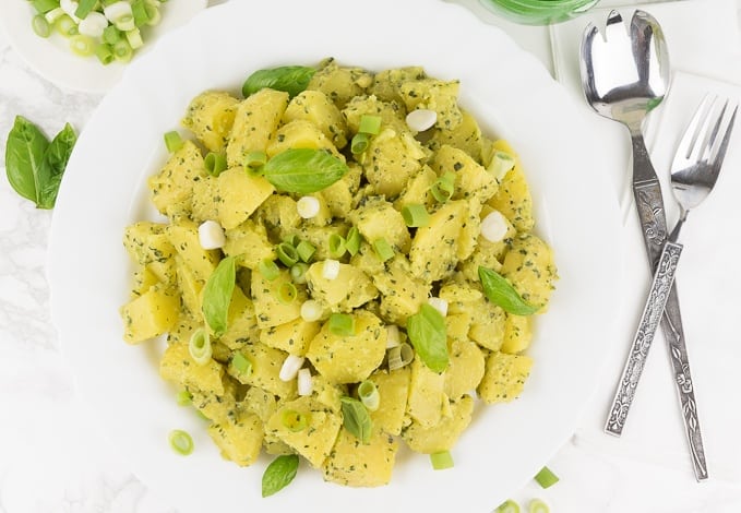 Potato salad with avocado mayo and scallions