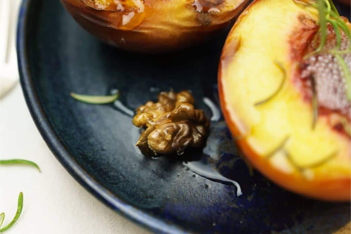 roastes peaches, walnuts, and rosemary