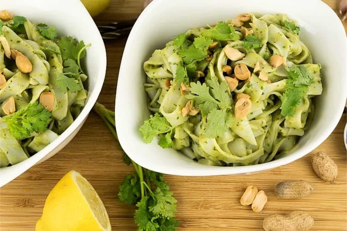 wide rice noodles with avocado pesto