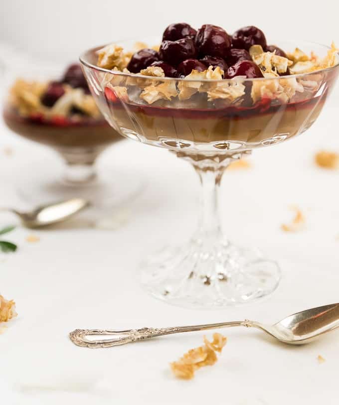 Creamy Coconut Chocolate Pudding with Sour Cherries and Coconut Brittle