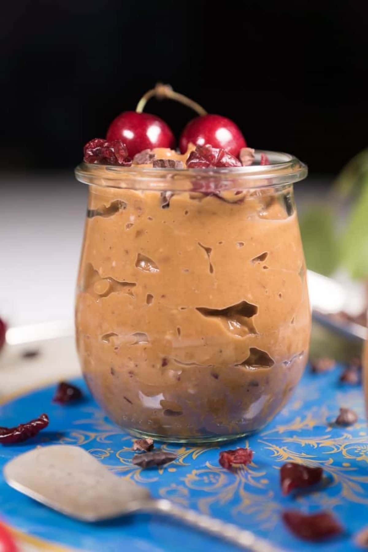Creamy sweet potato cherry pudding in a glass