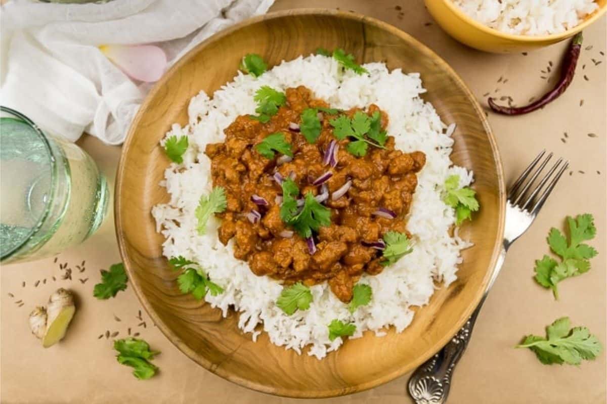 vegan fish curry with basmati rice