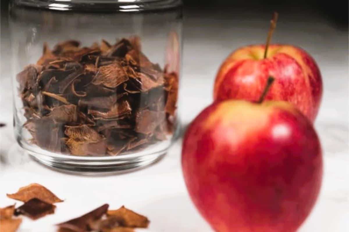 Crunchy Apple Peel Chips – A Healthy Snack and Perfect Addition to Your Breakfast Granola Bowl red apples and crispy apple skins in a jar