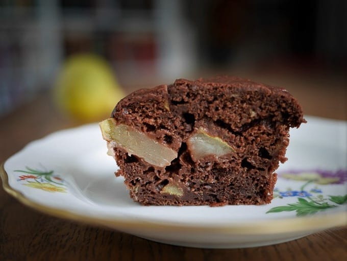 Inside ginger muffins with chocolate and pears