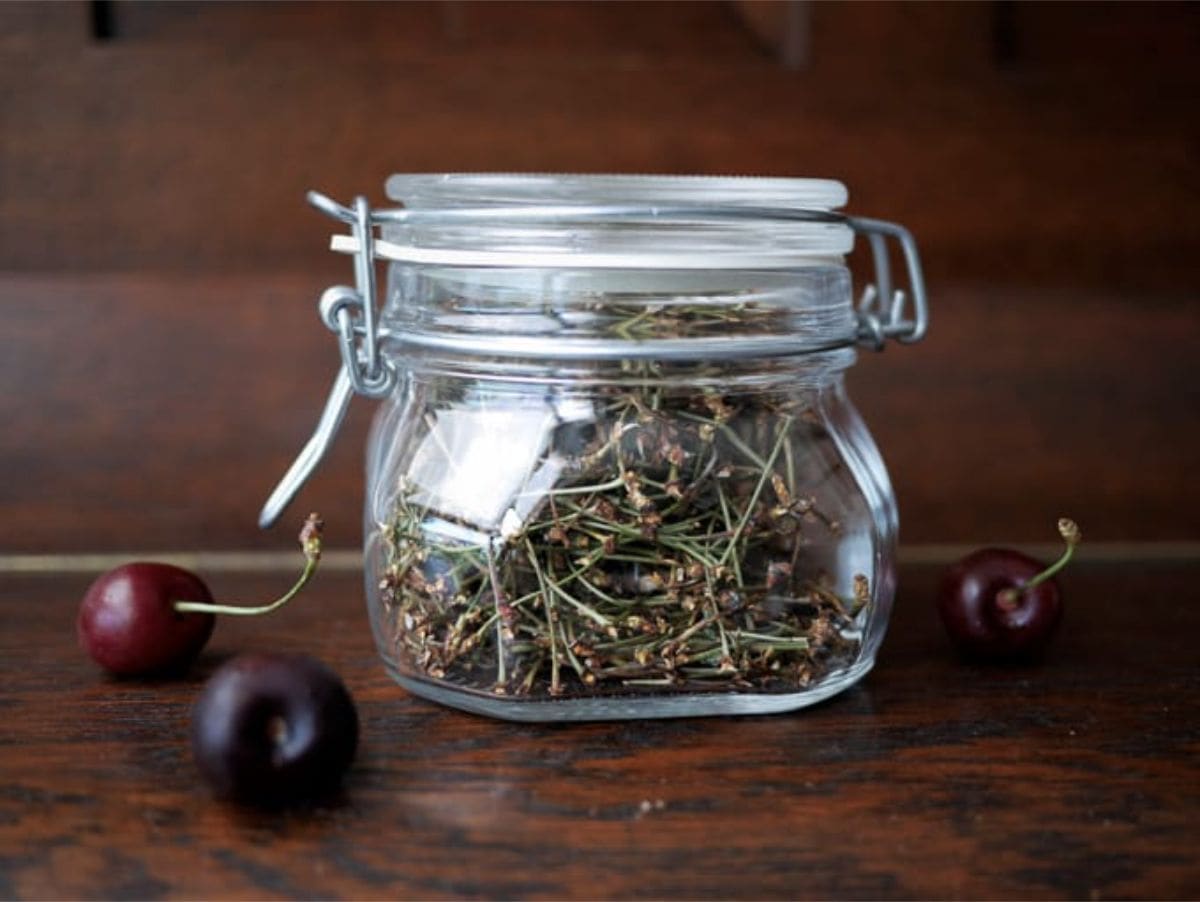 dried cherry stems in a jar, ready for making cherry stem tea