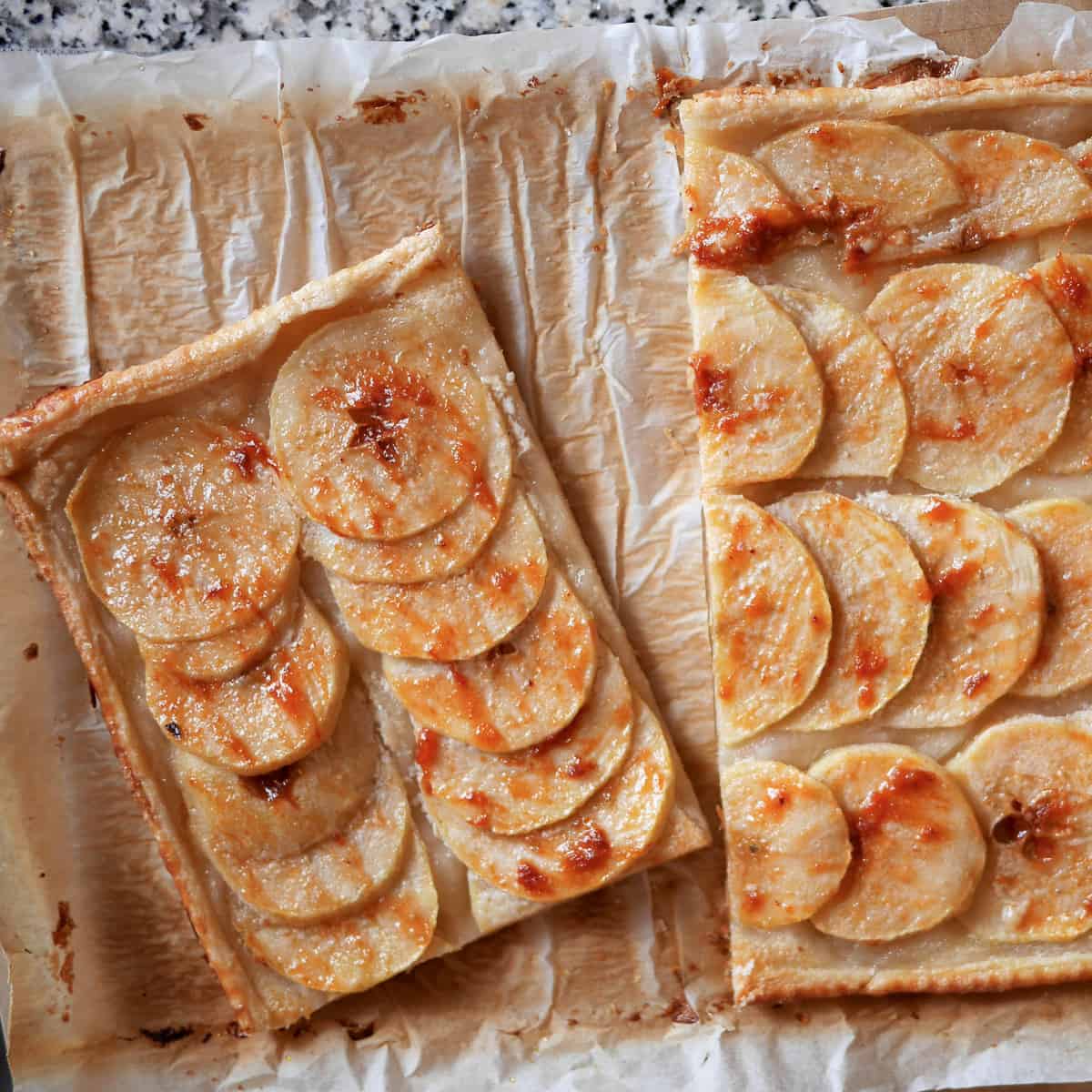 Slices of vegan French apple tart