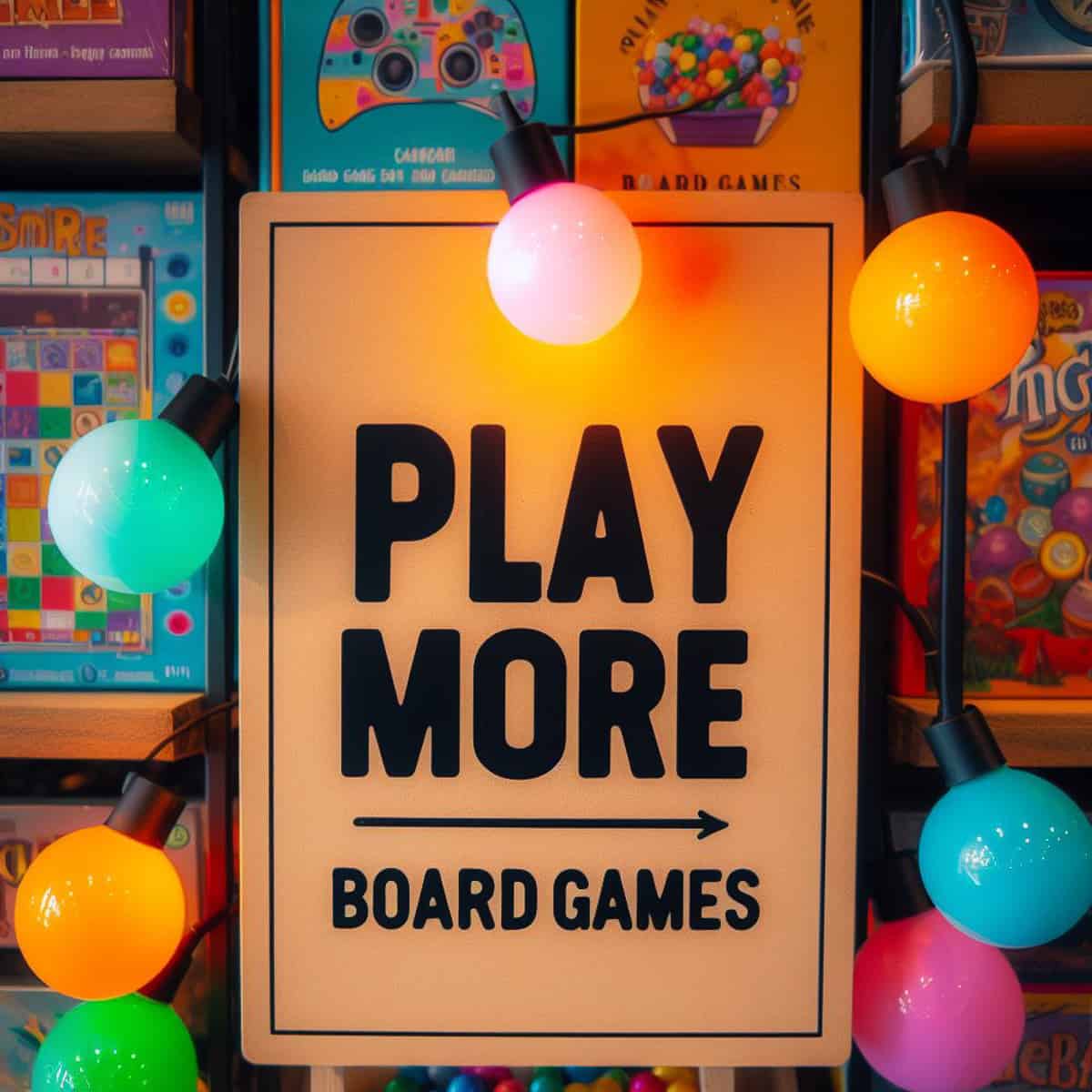 Sign saying "Play More Board Games" introducing the blog post about the top 3 popular board games