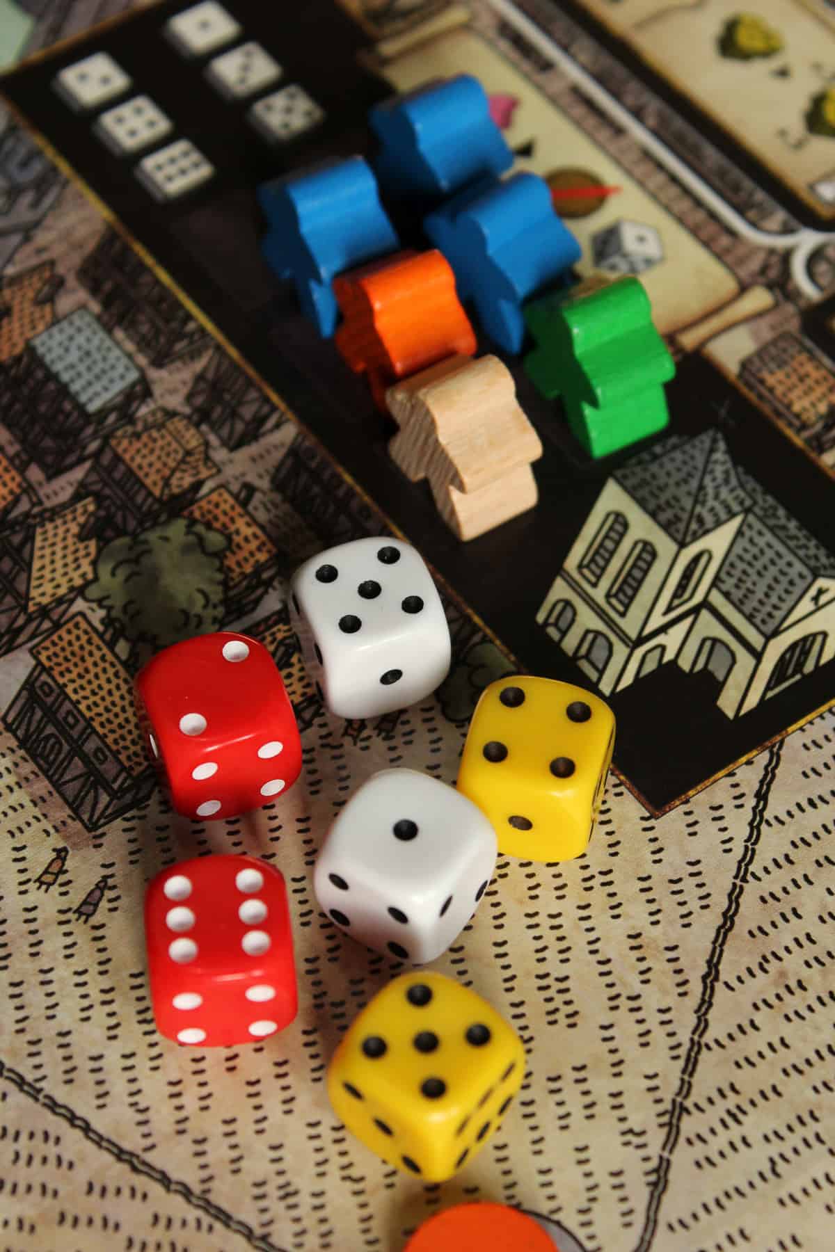 Multi-colored dices and board game
