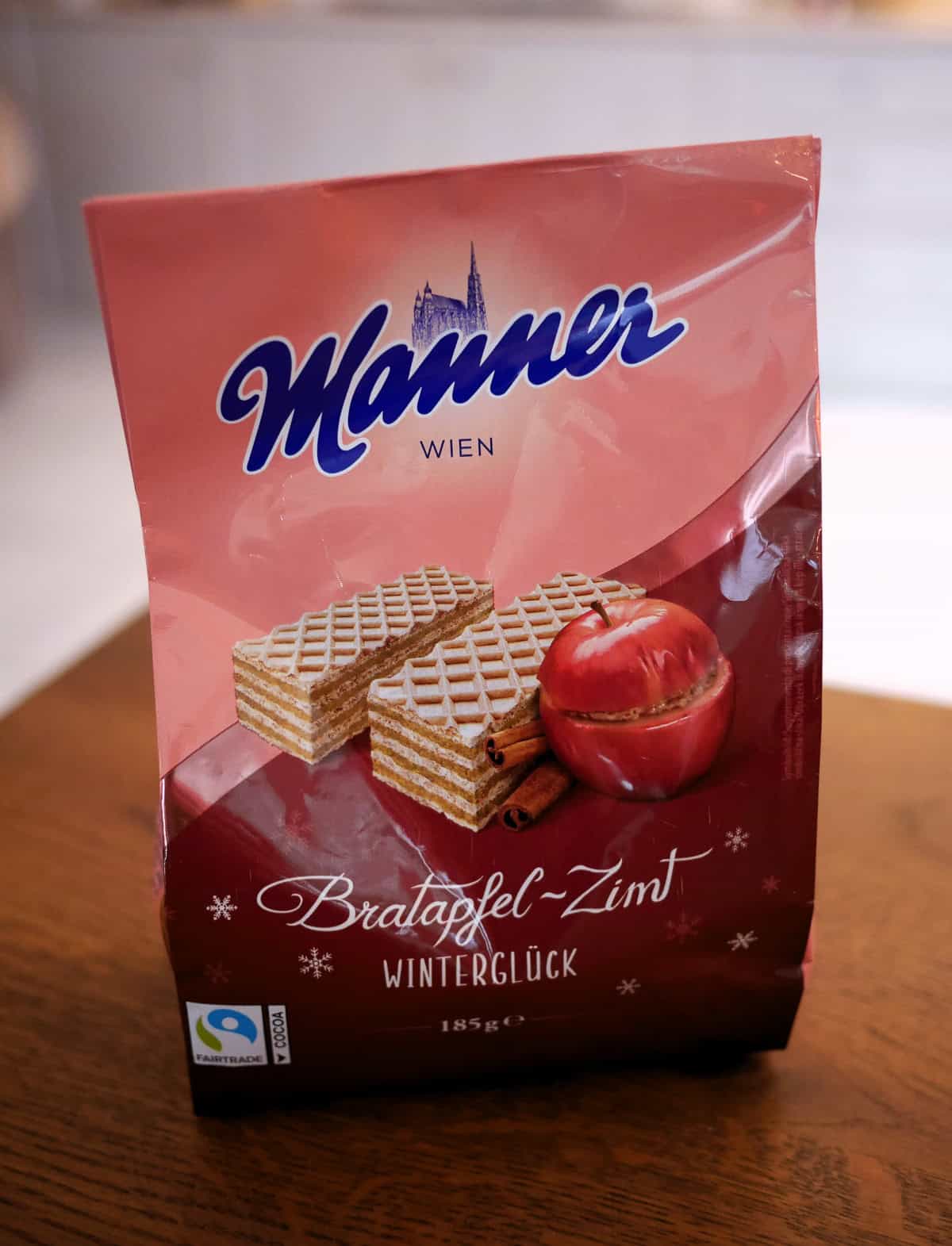 one of the many vegan sweets launched in Germany in 2024: Baked apple flavored wafers by Manner