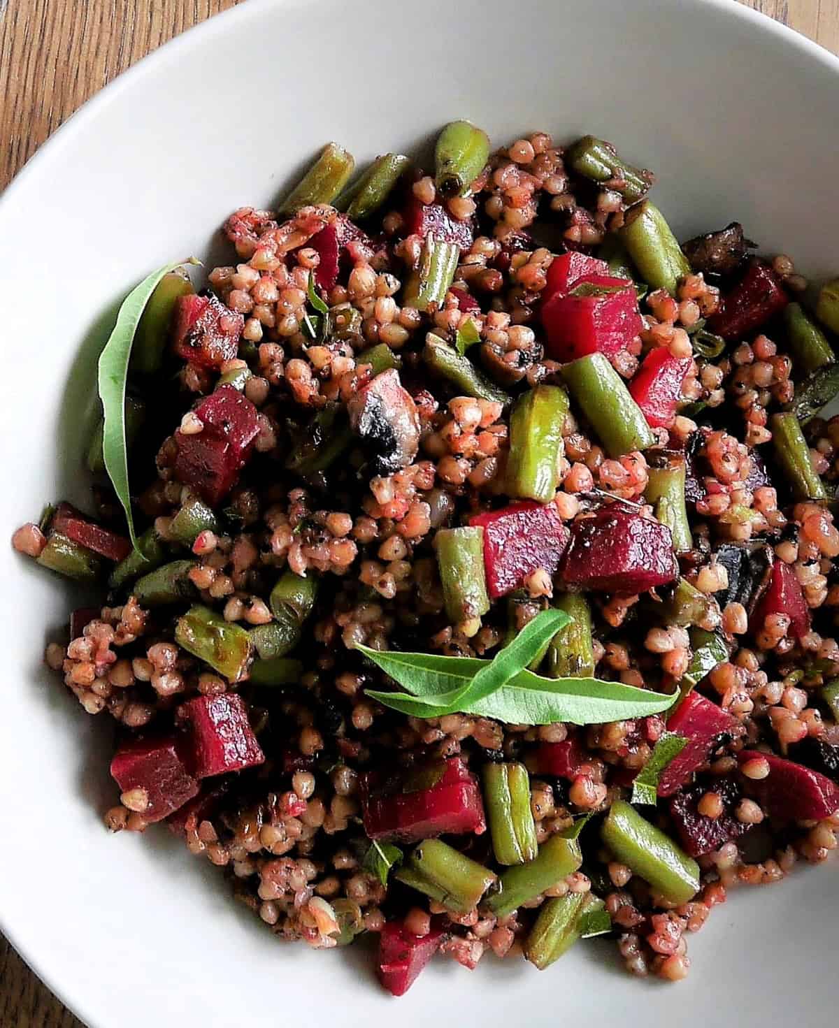 buckwheat dish with green beans, beets, and lemon verbena