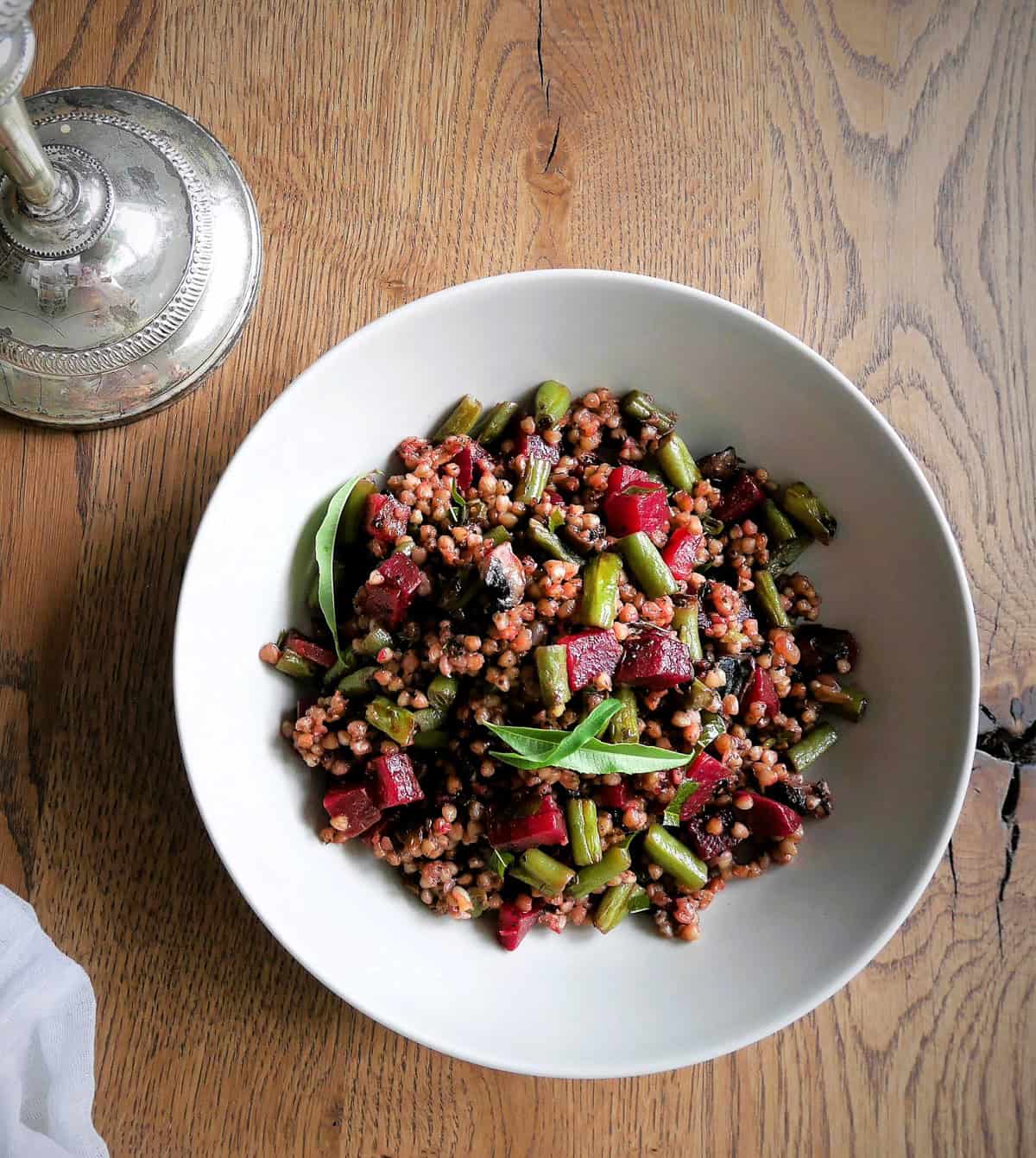 buckwheat dish with green beans, beets, and lemon verbena