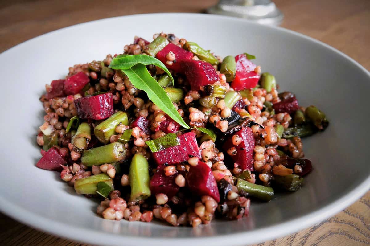 buckwheat dish with green beans, beets, and lemon verbena