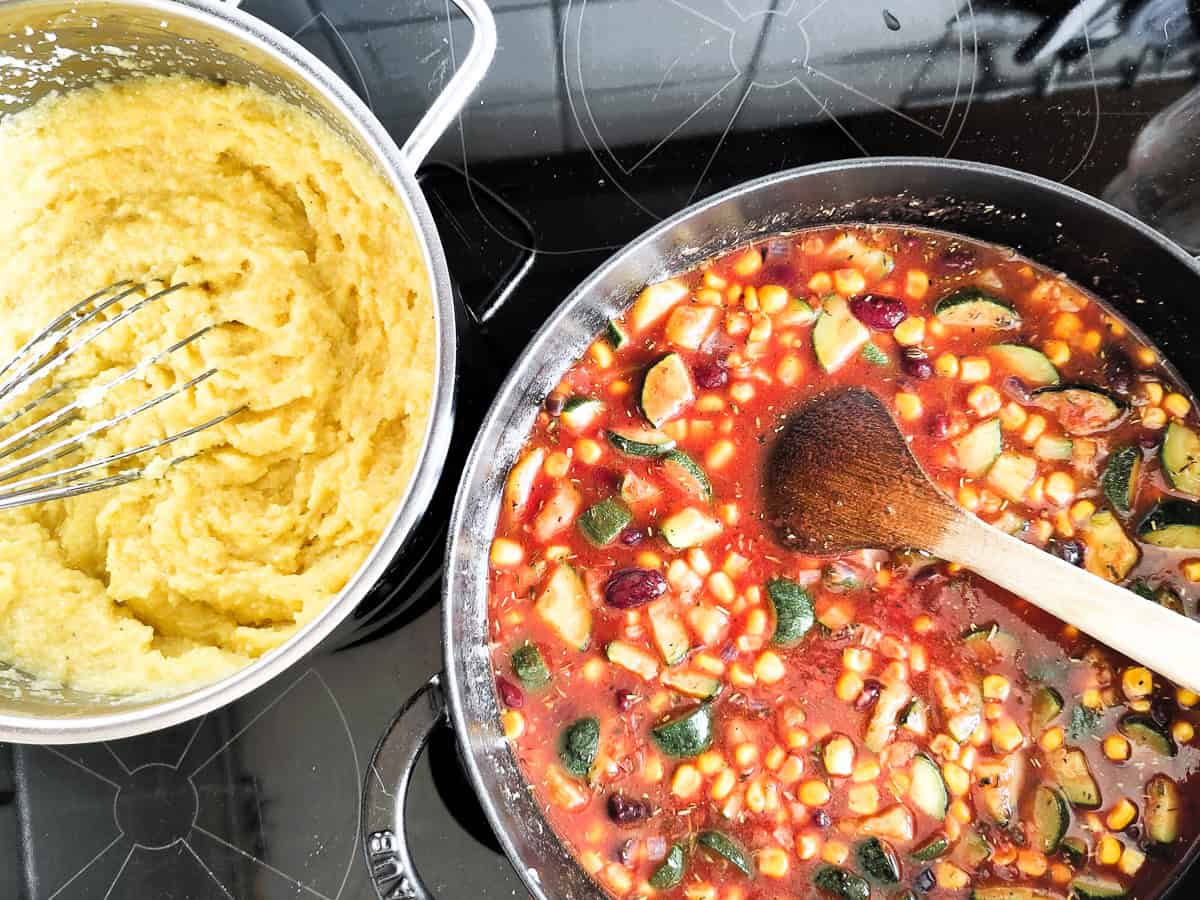 Cooking the Italian zucchini tomato recipe with polenta
