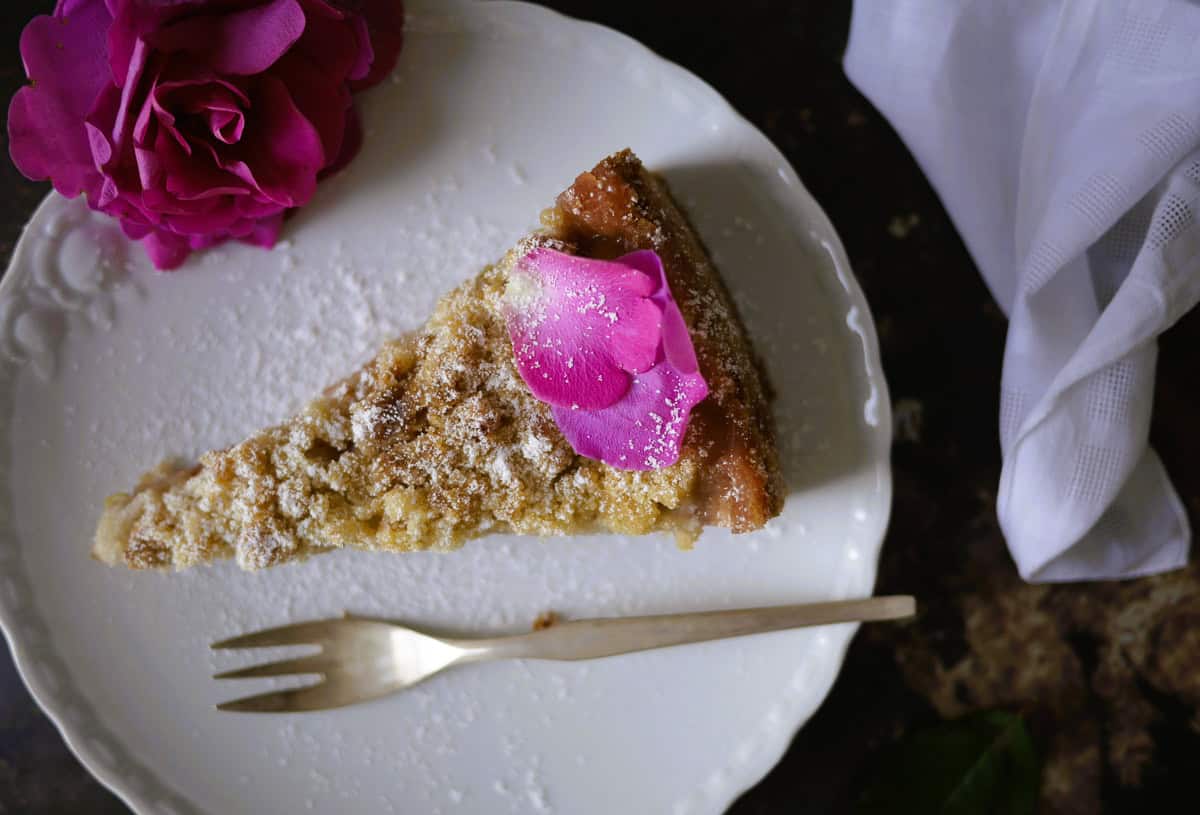 vegan rhubarb cake with streusel and pudding