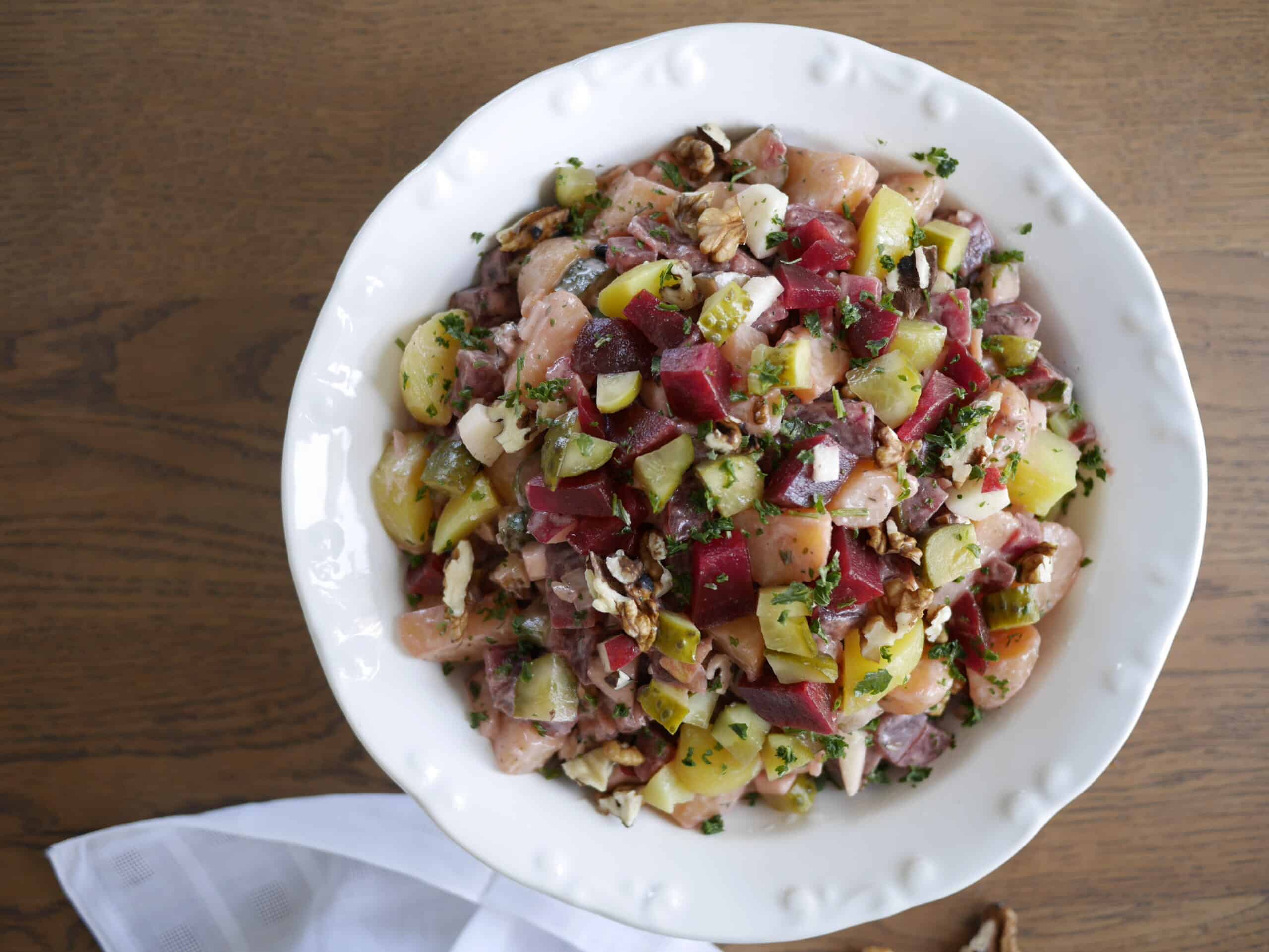 potato beet salad with mayonnaise in a bowl
