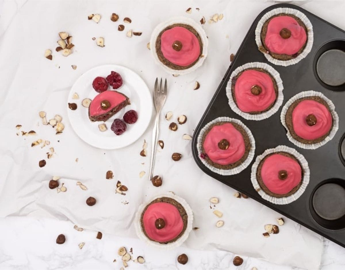 Hazelnut Muffins with Raspberries and a Raspberry Icing