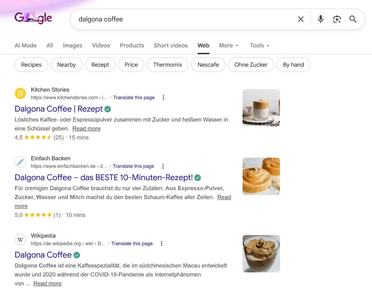 Google Web tab showing classic search results without AI Overview.