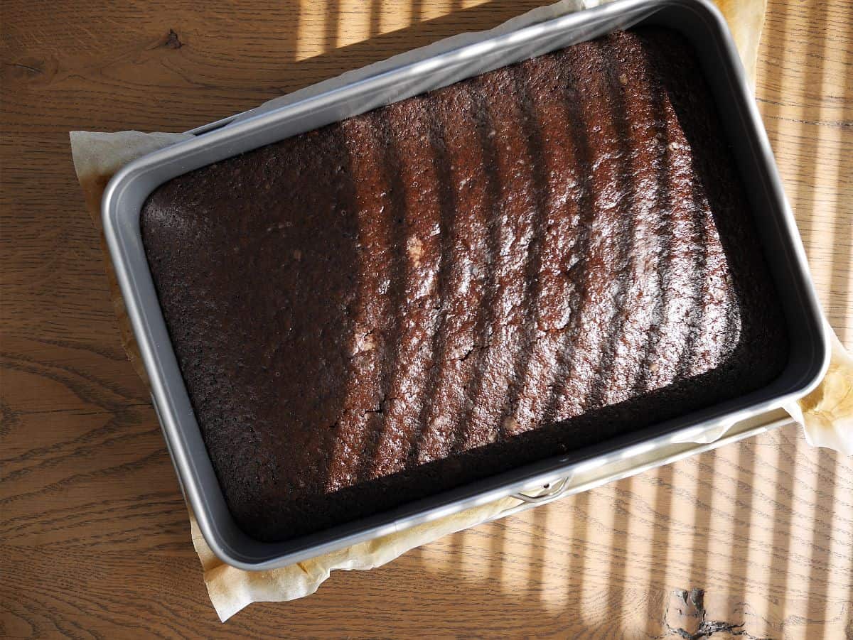 chocolate sheet cake in a rectangular springform