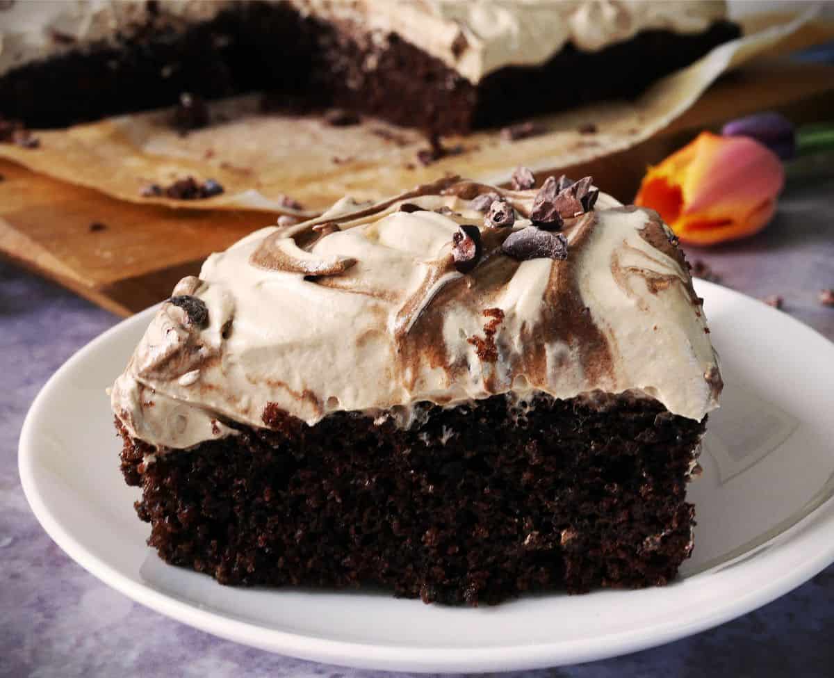 Slice of mocha coffee cake with Dalgona frosting